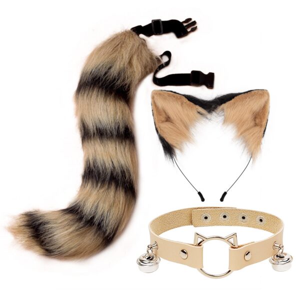 QinRuan Cat Ears and Wolf Fox Animal Tail Cosplay Costume Faux Fur Hair Clip Headdress Halloween Leather Neck Chocker Set (3-Blackwhite)