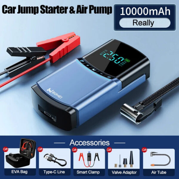 BUVAYE 4 in 1 Car Jump Air 150PSI Tyre Compressor Starter Device 10000mAh Power bank Digital Iatable Pump