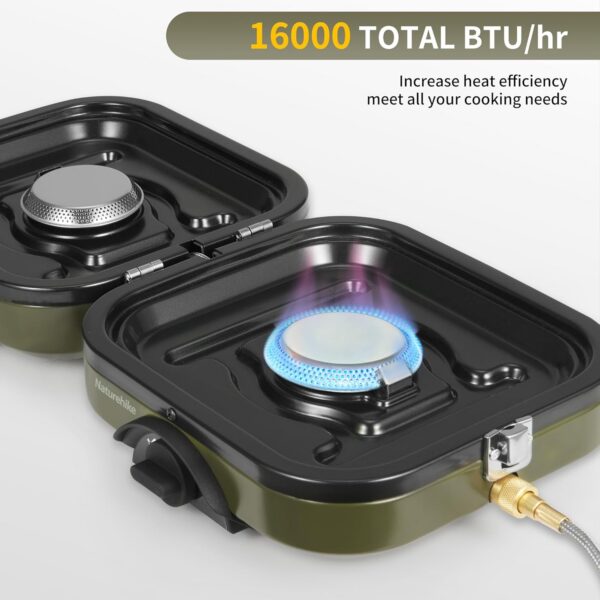 Naturehike Outdoor Camping Gas Stove Foldable 2 in 1 Burner with Grill Plate Portable Camping Gas Stove 2 Adjustable Burners Piezo Ignition Compatible with Isobutane Fuel Mix