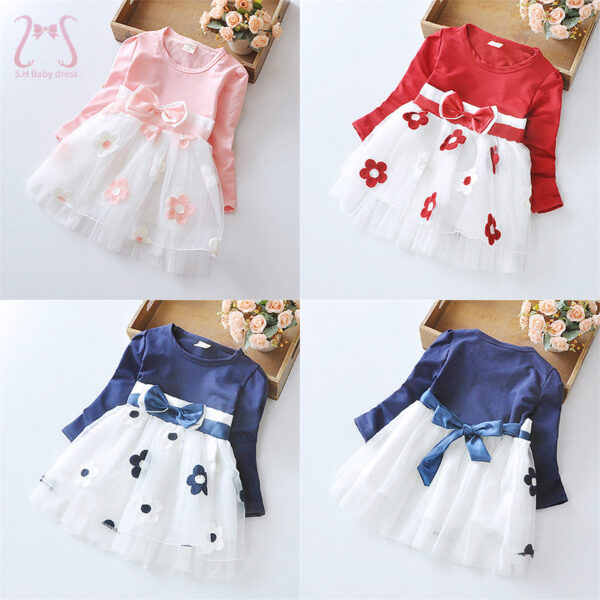 2f541afea4b66c73 Spring Autumn Baby Girl Dress Lovely Kid Flower Bow Children Clothing Princess Evening dresses Toddler Clothes 0-4 Y Long Sleeve