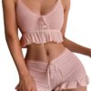 2f5e3c409be00bf2 SweatyRocks Women's 2 Piece Lingerie Set Pama Sets Ruffle Trim Tie Front Cami Top and Shorts Sleepwear
