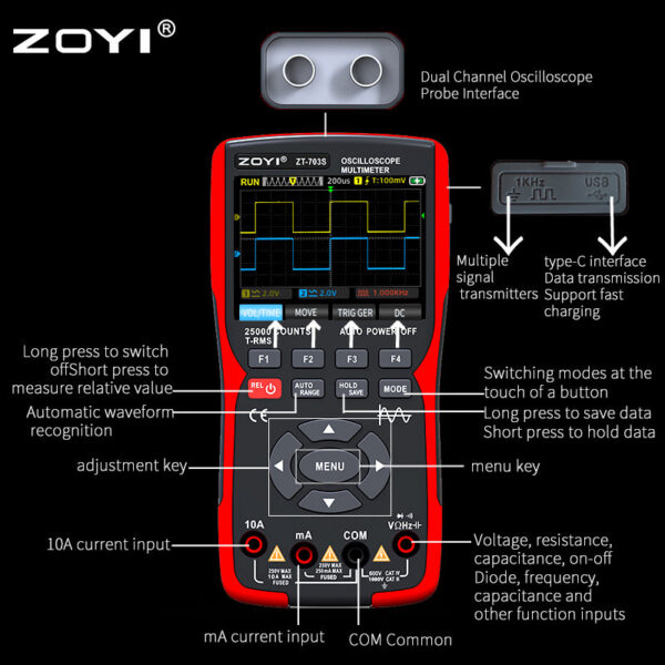 ZOYI ZT703S 3in1 Digital Multimeter 50MHz Bandwidth 280MS Rate PC Waveform Data Storage Dual Oscilloscope Signal Generator