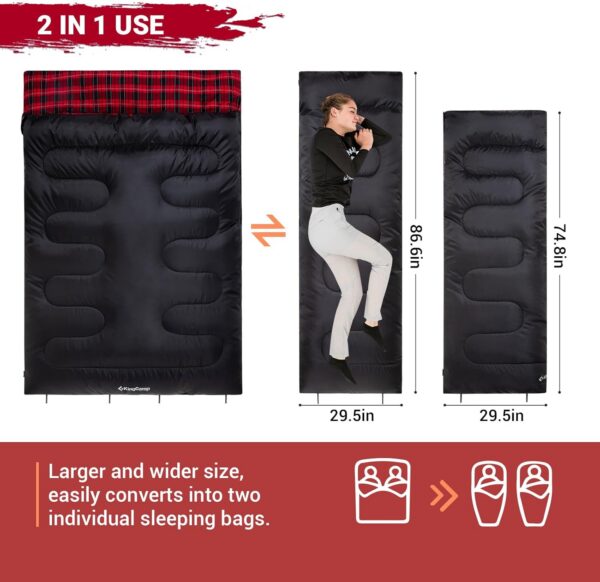 KingCamp Double Sleeping Bag for Adults, Queen Size 2 Person XXL Flannel Sleeping Bag, Waterproof Lightweight Flannel Quilt with 2 Pillows, Perfect for Couples Family Camping Hiking