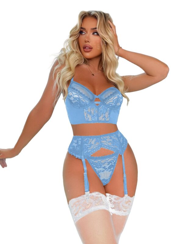 SOLY HUX Sexy for Women Naughty 4 Piece Lace Garter Belt Babydoll Lingerie Set with Stocking Underwire Bra and Panty