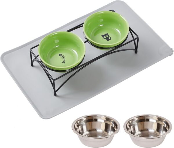 30939cd8f72325a7 FOREYY Elevated Cat Bowls with 2 Ceramic Bowls and 2 Stainless Steel Bowls,Raised Cat Food Water Bowl with Iron Stand,Porcelain Pet Dishes for Cats and Small Dogs,16 Ounces,Dishwasher Safe(Gray)