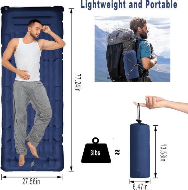 Portable Camping Sleeping Pad, 4” Thick Camping Mat, Inflatable Camping Mattress with Built-in Pillow and Foot Pump, Suitable for Camping, Hiking, Backpacking (Blue)