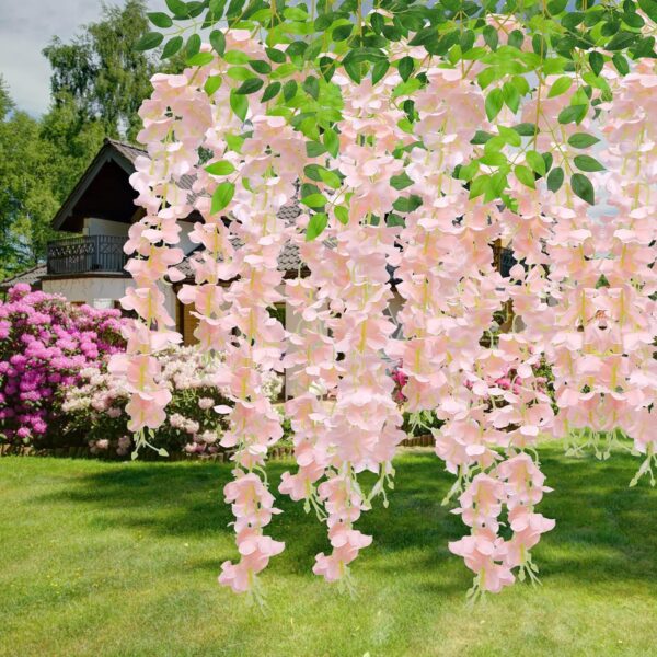 U'Artlines 12 Pack (Total 43.2 Feet) Artificial Fake Wisteria Vine Rattan Hanging Garland Silk Flowers String Home Party Wedding Decor (12, Pink)