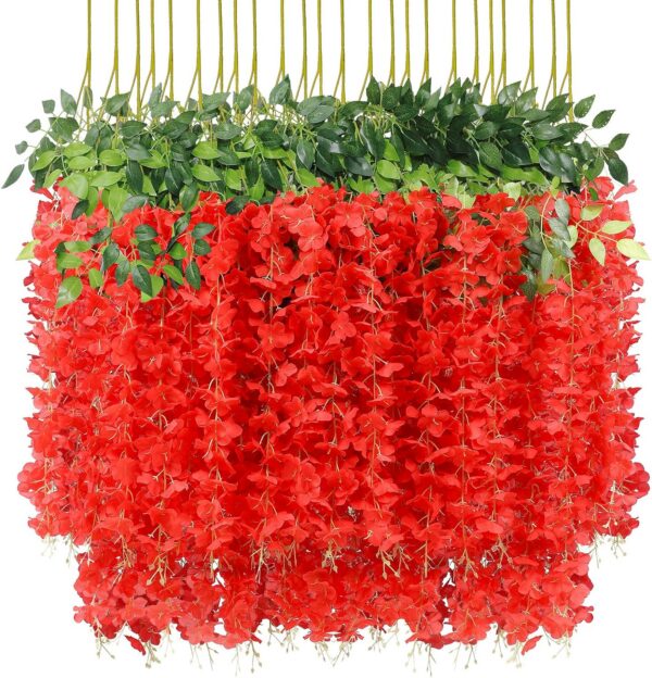 U'Artlines 24 Pack (Total 86.4 Feet) Artificial Fake Wisteria Vine Rattan Hanging Garland Silk Flowers String Home Party Wedding Decor (24, White)