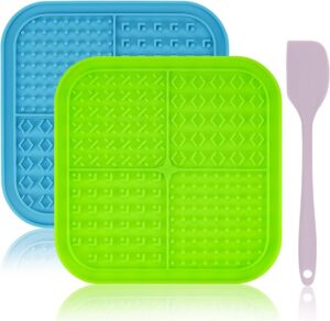 Licking Mat for Dogs Cats 2 Pack, Dog Peanut Butter Lick Pad with Strong Suction Cups for Calming, Reduce Anxiety Boredom (Blue & Green)