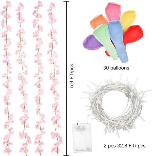Sunm Boutique 8-Pack 47.2 Ft Artificial Cherry Blossom Garland Cherry Blossom Hanging Vine with 65.6 Ft Long 160 LED String Lights Silk Sakura Vines Garland for Wedding Party Home Decor, Pink