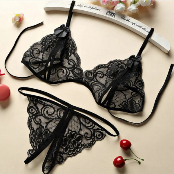 329050032a9c2033 Sexy Lace-up Lingerie Set Women Hot Exotic Open Crotch Transparent Underwear G-string Bandage Bikini Three-point Set