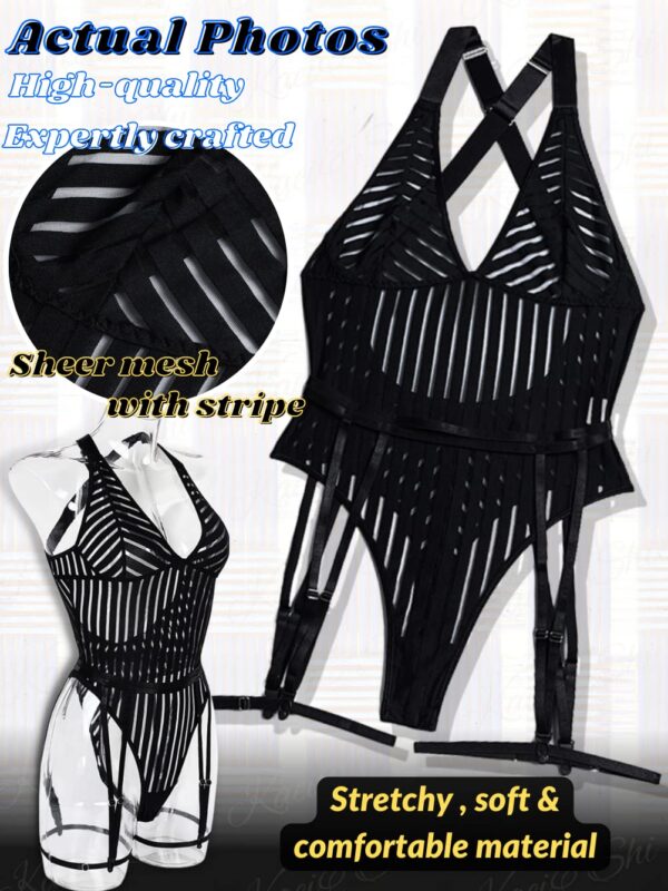 32e3647c640c5687 Kaei&Shi Sexy Ribbed Top,Plunge V, Snap Crotch, Leg Strap, Backless 3Pc Bodysuit