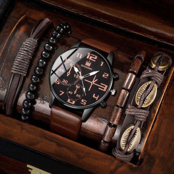 5PCS Set Fashion Mens Sports Bracelet Watches For Men Retro Big Dial Quartz Wrist Classic Male Casual Brown Leather Watch