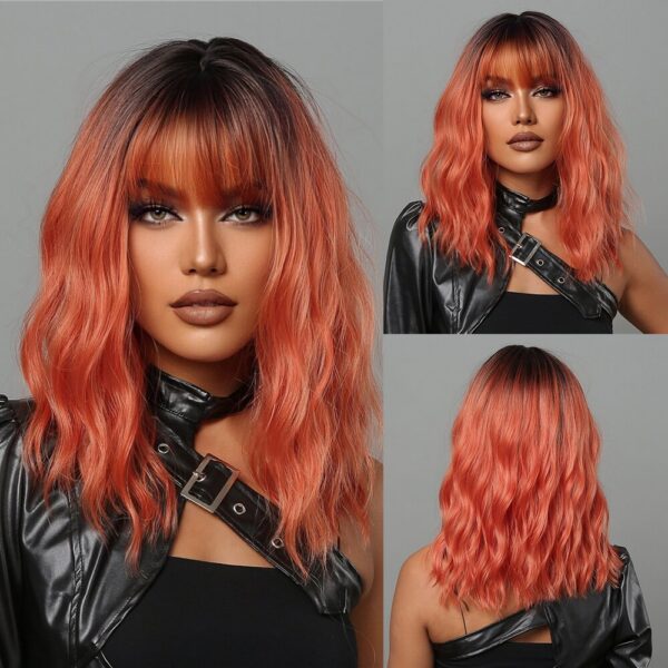 Women Grey Wavy Bob Wigs Bangs Short Blonde Ombre Synthetic Wig With with Dark Roots Natural Hair for Daily Use
