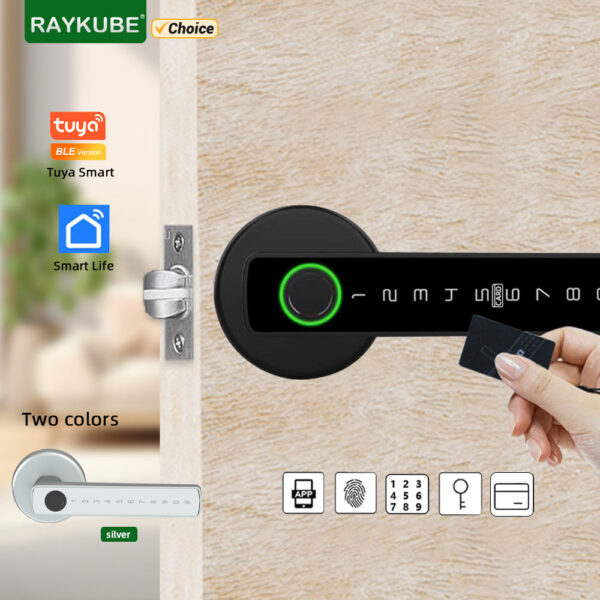 RAYKUBE BLE Fingerprint Door Digital Electronic Lock with Password/Key/IC Card/ Smartlife/ Tuya APP Unlock
