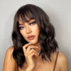 Short Wavy Wigs Women Dark Brown Bob Natural Synthetic Wig with Bangs for Girl Daily Cosplay Use Heat Resistant