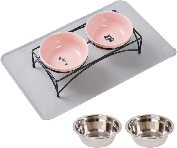 33d0960e17bbcb4e FOREYY Elevated Cat Bowls with 2 Ceramic Bowls and 2 Stainless Steel Bowls,Raised Cat Food Water Bowl with Iron Stand,Porcelain Pet Dishes for Cats and Small Dogs,16 Ounces,Dishwasher Safe(Gray)