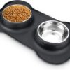 AsFrost Dog Food Bowls Stainless Steel Pet Bowls & Dog Water Bowls No Spill Non Skid, Feeding Bowls with Dog Bowls Silicone Mat for Small Medium Large Size Dogs, Cat Pet Dog Dishes Set, Black, 3 Cup