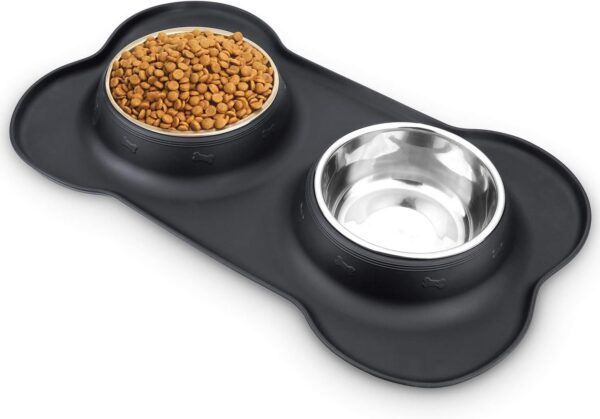 AsFrost Dog Food Bowls Stainless Steel Pet Bowls & Dog Water Bowls No Spill Non Skid, Feeding Bowls with Dog Bowls Silicone Mat for Small Medium Large Size Dogs, Cat Pet Dog Dishes Set, Black, 3 Cup