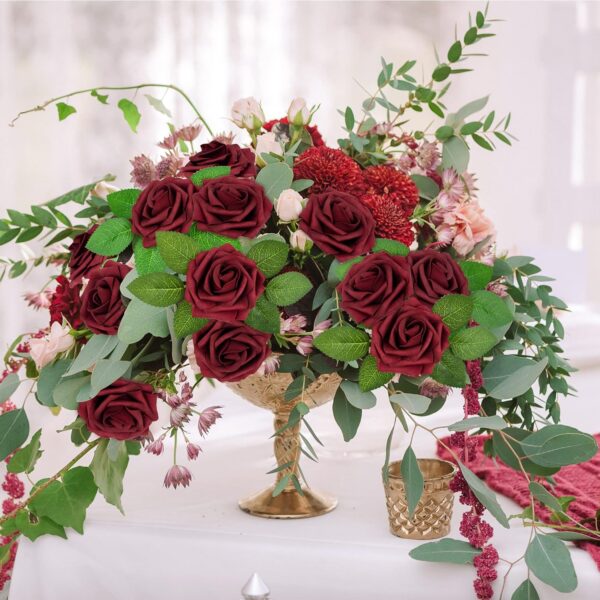 Mocoosy 50Pcs Artificial Rose Flowers, Burgundy Fake Roses for Decorations, Real Touch Foam Rose Bulk with Stems for DIY Wedding Bouquets Bridal Shower Centerpieces Valentine's Party Home Table Decor