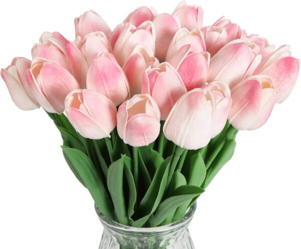 IPOPU 12PCS Pink Tulips Artificial Flowers for Decoration Fake Tulips Real Touch Fake Pink Flowers Artificial Floral Arrangements Pink Faux Tulips Decor Table Home Kitchen Wedding Decorations (Pink)