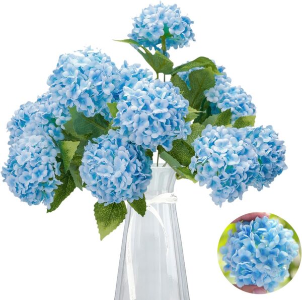 GREENTIME 13” Artificial Hydrangea Flowers Faux Hydrangea Bouquet with 7 Head 3.15” Tiny Hydrangea for Wedding Bouquet Party Home Decor DIY Baby Shower Centerpieces Tables Decoration(Blue)