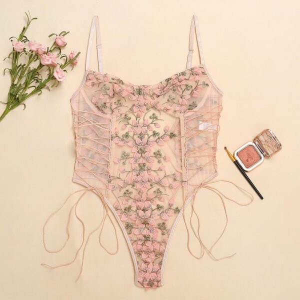 3565f35e7b085373 Lilosy Women Sexy Lace Up Floral Embroidered Teddy Lingerie Bodysuit Top Mesh Sheer One Piece