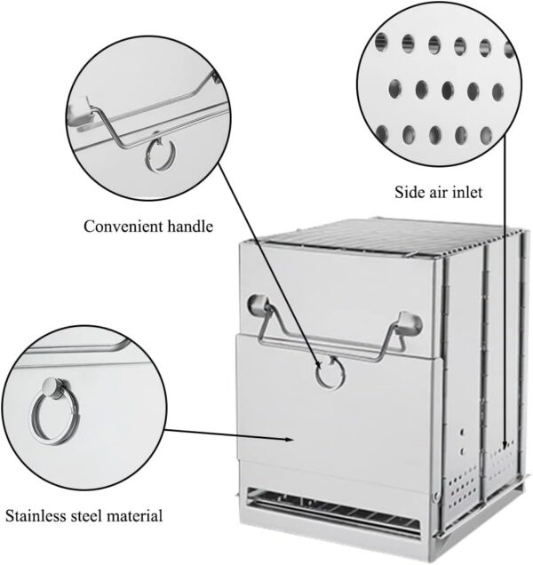 Camping Wood Burning Stove,Stainless Steel Compact Portable Foldable Camping with Ash Catcher,Grill Grid, Storage Bag for Backpacking Hiking Camping Cooking BBQ Picnic (Silver Small)