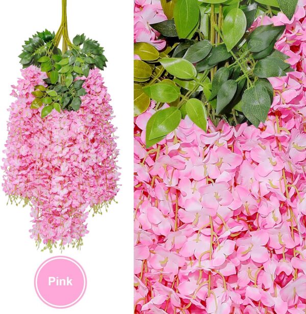 U'Artlines 12 Pack (Total 43.2 Feet) Artificial Fake Wisteria Vine Rattan Hanging Garland Silk Flowers String Home Party Wedding Decor (12, Pink)