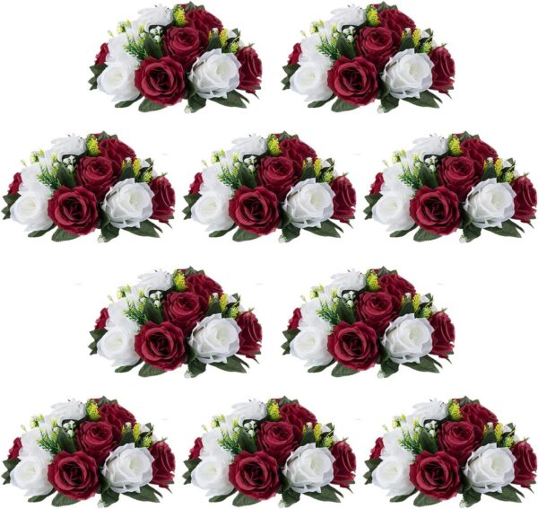 3619747fb9ea29a5 NUPTIO Artificial Flower Centrepieces for Tables - 6 Pcs Crimson & White Fake Flowers Roses Balls 9.5in Diameter - Silk Faux Rose Arrangement for Wedding Party Centerpiece Table Decorations