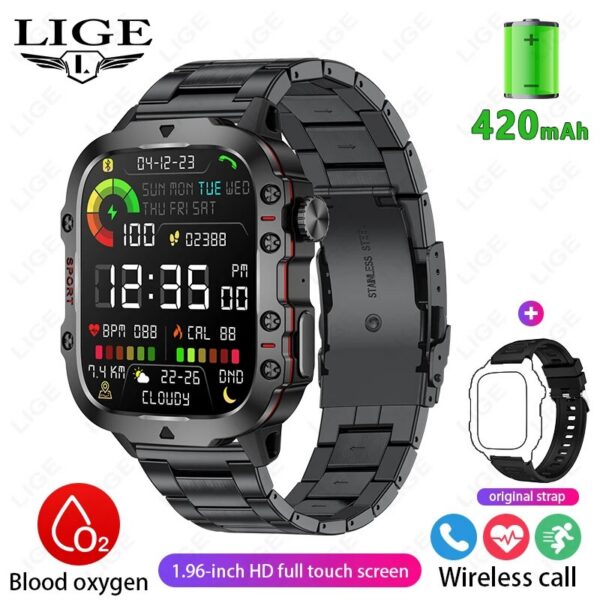 LIGE New Smart 1.96 Inch Screen 420 MAh Bluetooth Call Voice Assistant Watch Sports Fiess Waterproof Smartwatch For Men