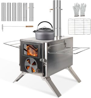 3659763a683c957d LAMA Tent Camping Stove, Portable Folding Stainless Steel Wood Stove with Chimneys and Gloves, Wood Burner for Tents, Hiking, Cooking, Heating, Camping, Silverwhite