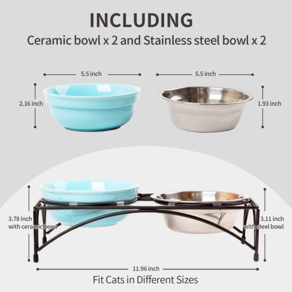 366f91c8d6eaa956 FOREYY Elevated Cat Bowls with 2 Ceramic Bowls and 2 Stainless Steel Bowls,Raised Cat Food Water Bowl with Iron Stand,Porcelain Pet Dishes for Cats and Small Dogs,16 Ounces,Dishwasher Safe(Gray)