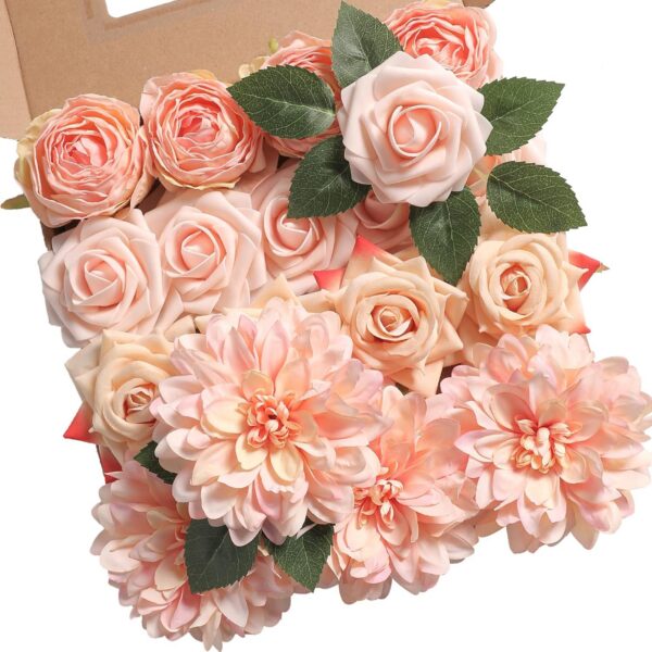 YYHUAWU Artificial Flowers Combo Box Set Gradient Color Flower Leaf with Stems for DIY Wedding Bouquets Centerpieces Baby Shower Party Home Decorations Peach