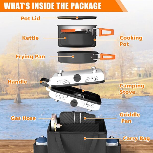377bad208ee4e23c Hisencn Portable Camping Stove, 2 Burner Foldable Camp Stove, 20000 BTU Folding Gas Stove, Portable Propane Stove with Carry Bag, Adjustable Burners & Piezo Ignition, Includes Frying Pan, Kettle, Pot