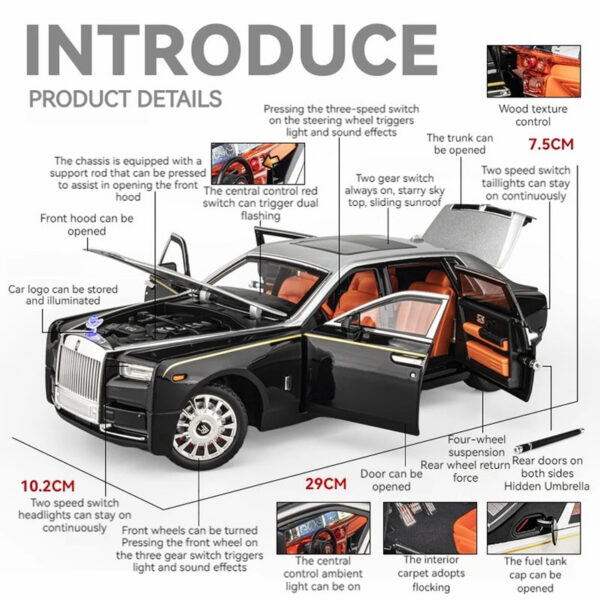 1:18 Rolls-Royce Phantom Car, Zinc Alloy Pull Back Diecast Car with Sound and Light, Realistic Modeg Model Toy