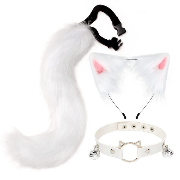 QinRuan Cat Ears and Wolf Fox Animal Tail Cosplay Costume Faux Fur Hair Clip Headdress Halloween Leather Neck Chocker Set (3-Blackwhite)