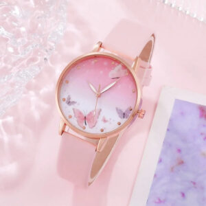 37f337ce6ee07ef7 6PCS Set Women Fashion Quartz Female Clock Pink Butterfly Dial Brand Design Ladies Leather Wrist Watch Montre Femme