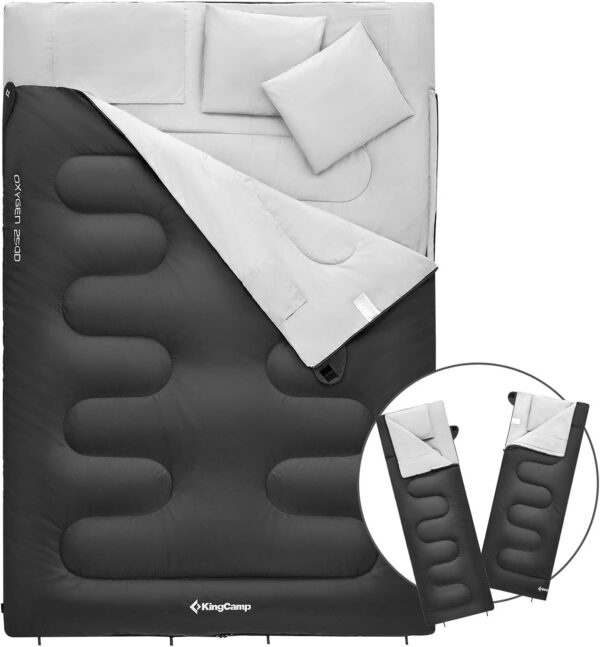 KingCamp Double Sleeping Bag Oxygen with 2 Pillows Queen Size & Extra-Large Rectangular Sleeping Bags for Adults 4 Seasons Waterproof Envelope Sleeping Bag for Camping Festivals Hiking Indoor Outdoor