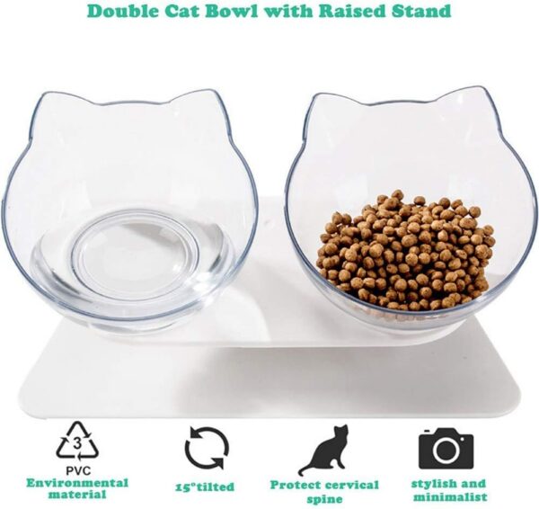 15°Elevated Cat Food Bowls with Silicone Pet Mat, Double Raised Cat Transparent Plastic Bowl with Stand, Stress-Free Suit for Cats and Small Dogs, Anti Vomiting cat Bowl, Cute Cat Face Bowl