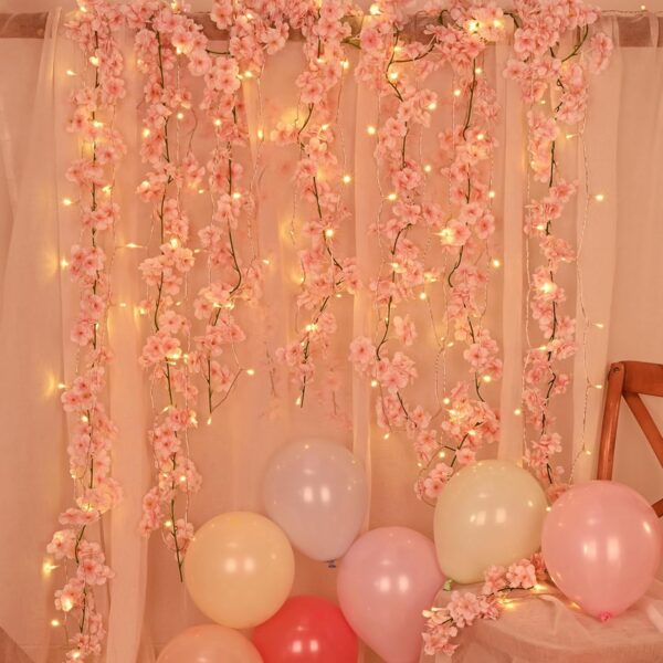 Sunm Boutique 8-Pack 47.2 Ft Artificial Cherry Blossom Garland Cherry Blossom Hanging Vine with 65.6 Ft Long 160 LED String Lights Silk Sakura Vines Garland for Wedding Party Home Decor, Pink