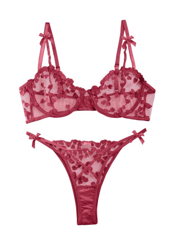 Lilosy Sexy Underwire Cute Push Up Strappy Embroidered Mesh Sheer Lingerie Set See Through Panty Bra
