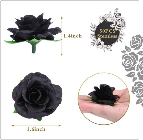 Kesoto 50pcs Black Roses Artificial Flowers Bulk, 1.6 Inch Small Silk Fake Roses Flower Heads for Decoration, Crafts, Wedding Halloween Party Home Decor
