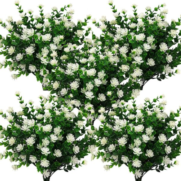 Grunyia 10 Bundles Artificial Fake Flowers, Faux Outdoor Plastic Plants UV Resistant Shrubs Outside Indoor Decorations (Purple-Eucalyptus)