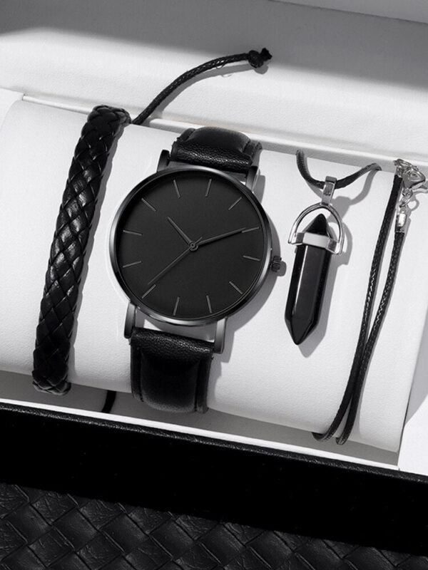 3a32f5e93e9fa0a4 3PCs Men's Simple Round Belt Quartz Watch+Woven Bracelet+Necklace Combination Set