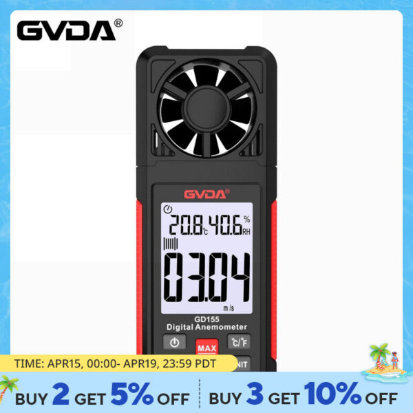 GVDA Digital Anemometer Handheld Meter GD155 for Measuring Speed Temperature and Wind Chill with Backlight LCD