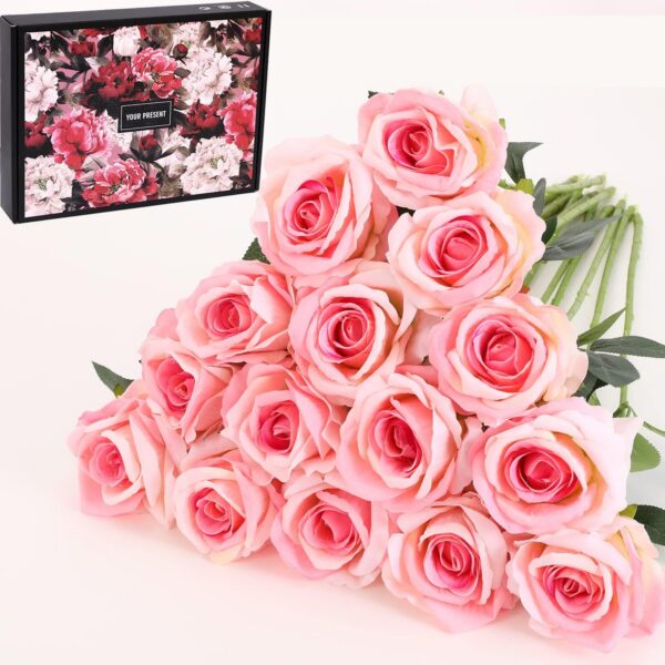 15Pcs Artificial Roses Velet Real Touch Single Stem Fake Roses Silk Realistic Bouquet Flowers Arrangements Home Office Garden Grave Party Wedding Decoration(Light Pink-15p, Blossom Roses)