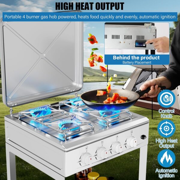 3baa7f7df0b0a922 Propane Gas Stove-300000BTU Portable Gas Stove with Support Leg Stand and Wind Blocking Cover Adapter Auto Ignition Camping Stove 4 Burner LPG for RV, Apartment, Outdoor Cooking