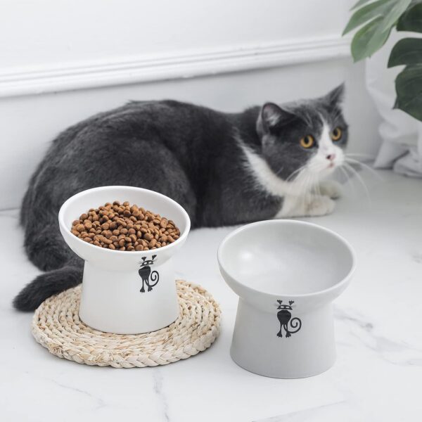 3c40f6732bebf9b9 TAMAYKIM Tilted Ceramic Raised Cat Bowls, 8 OZ Food and Water Bowls Set for Kitty, Porcelain Elevated Stress Free Feeding Pet Dish, Dishwasher and Microwave Safe, 2 Pack (White & Grey)