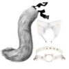 QinRuan Cat Ears and Wolf Fox Animal Tail Cosplay Costume Faux Fur Hair Clip Headdress Halloween Leather Neck Chocker Set (3-Blackwhite)